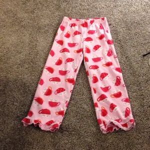 Cute fuzzy pink snowman pajama pants with ruffles